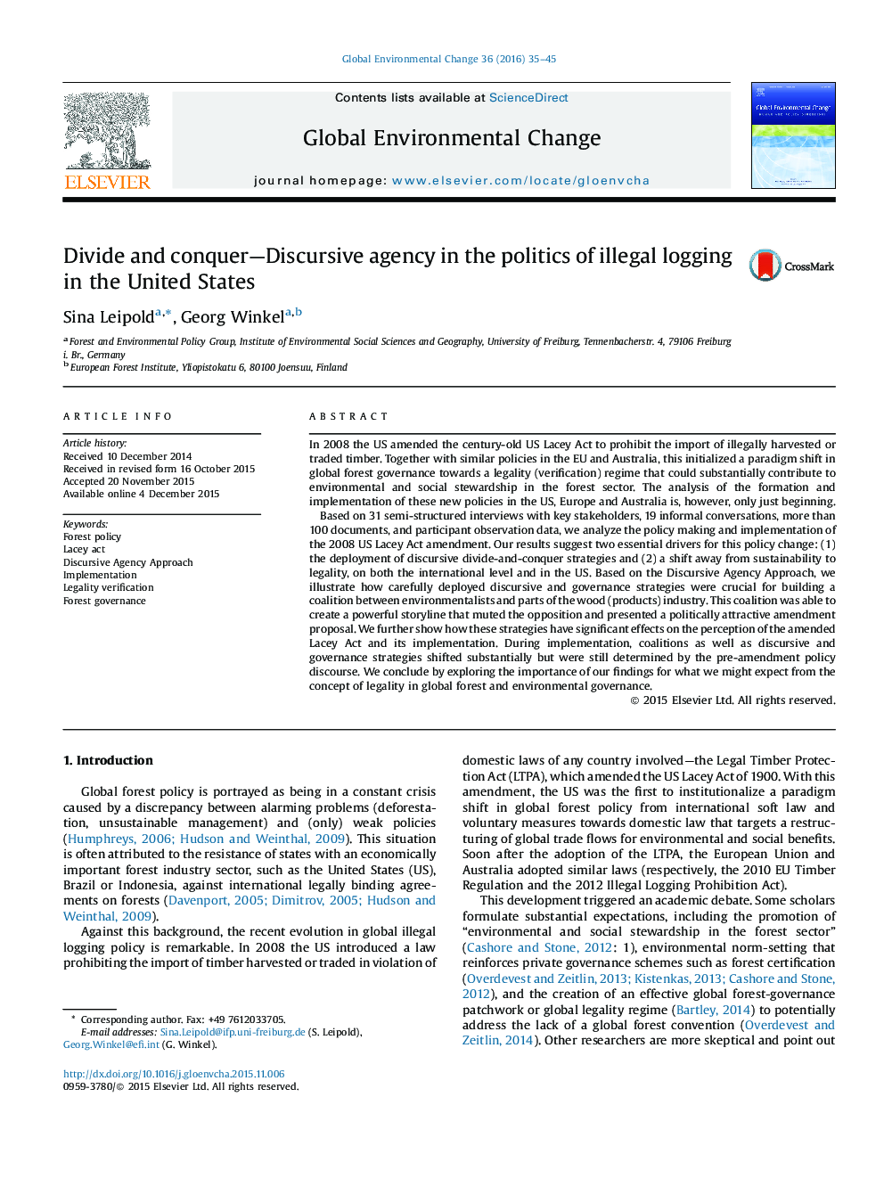 Divide and conquer-Discursive agency in the politics of illegal logging in the United States