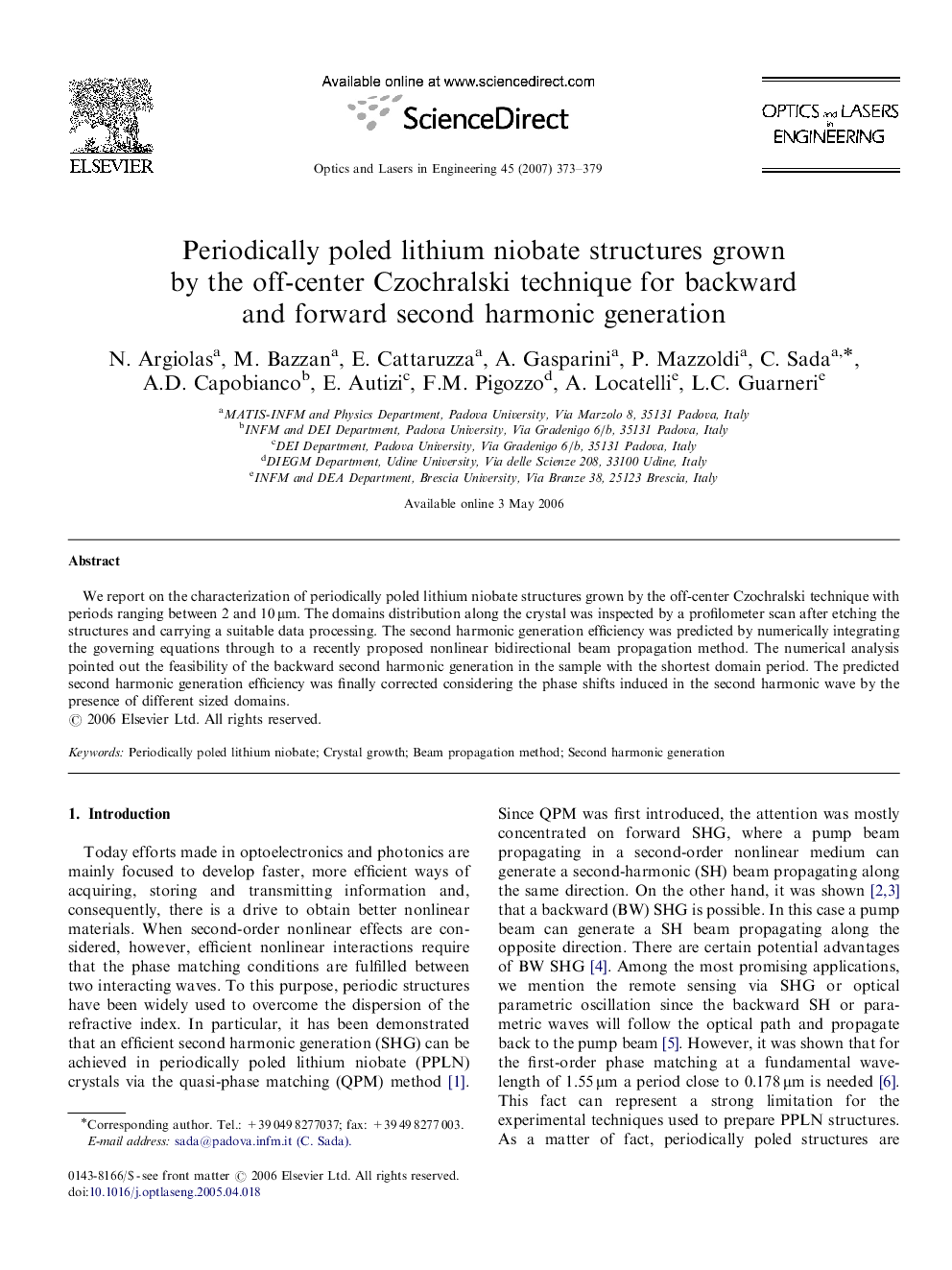 Periodically poled lithium niobate structures grown by the off-center Czochralski technique for backward and forward second harmonic generation