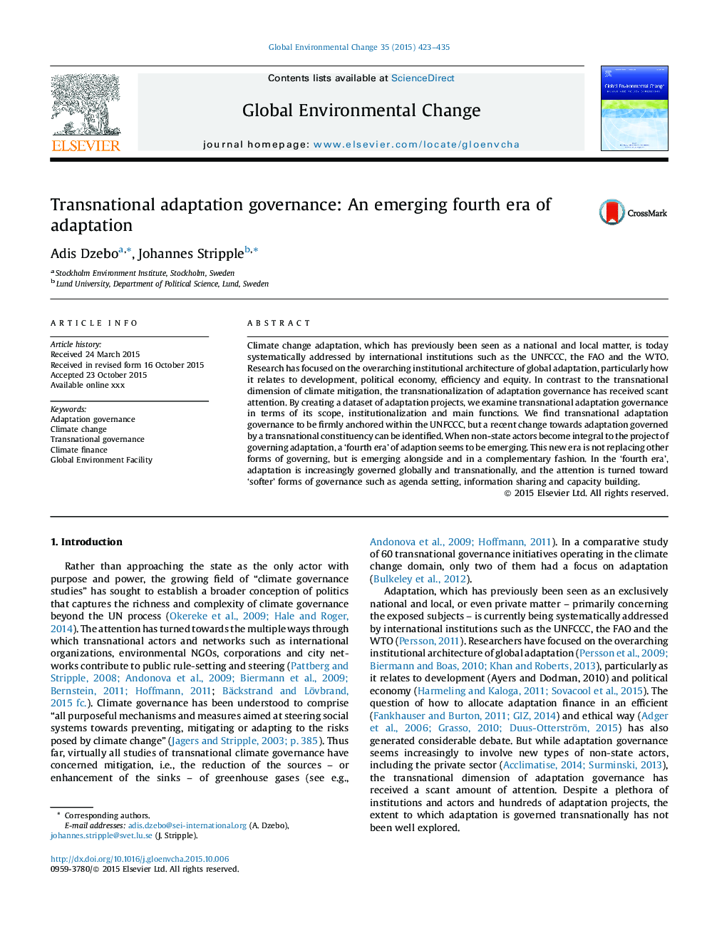 Transnational adaptation governance: An emerging fourth era of adaptation