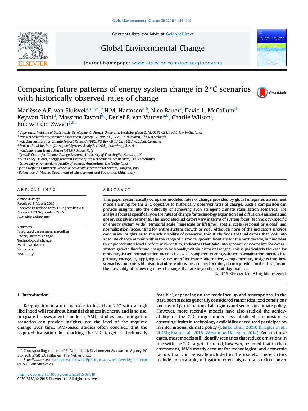 Comparing future patterns of energy system change in 2Â Â°C scenarios with historically observed rates of change