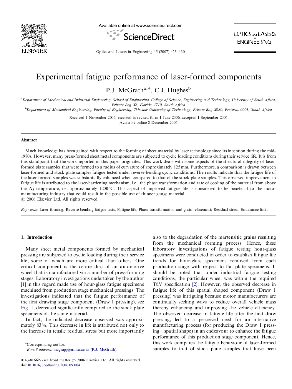 Experimental fatigue performance of laser-formed components