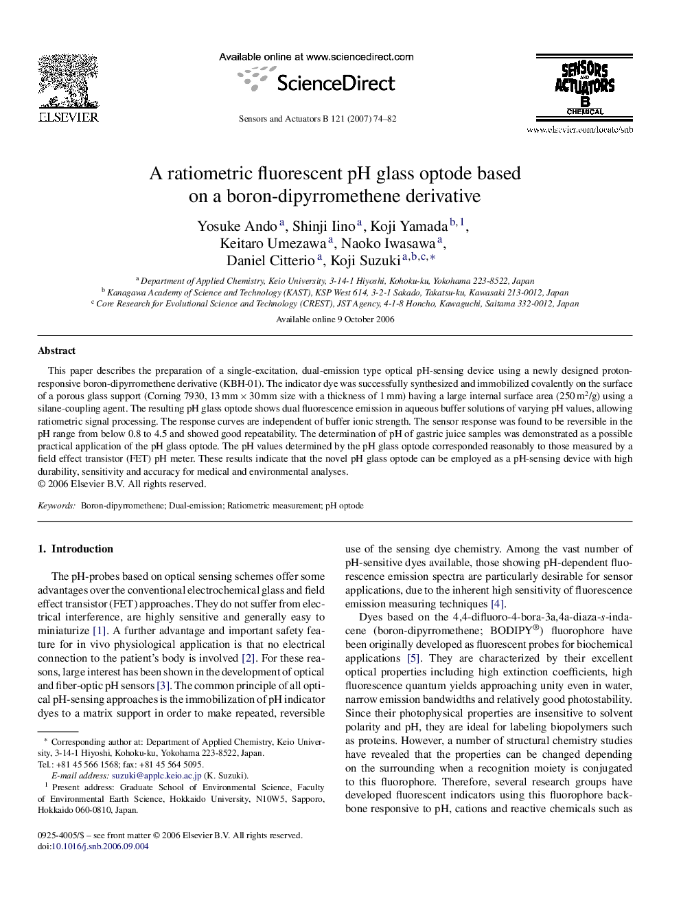 A ratiometric fluorescent pH glass optode based on a boron-dipyrromethene derivative