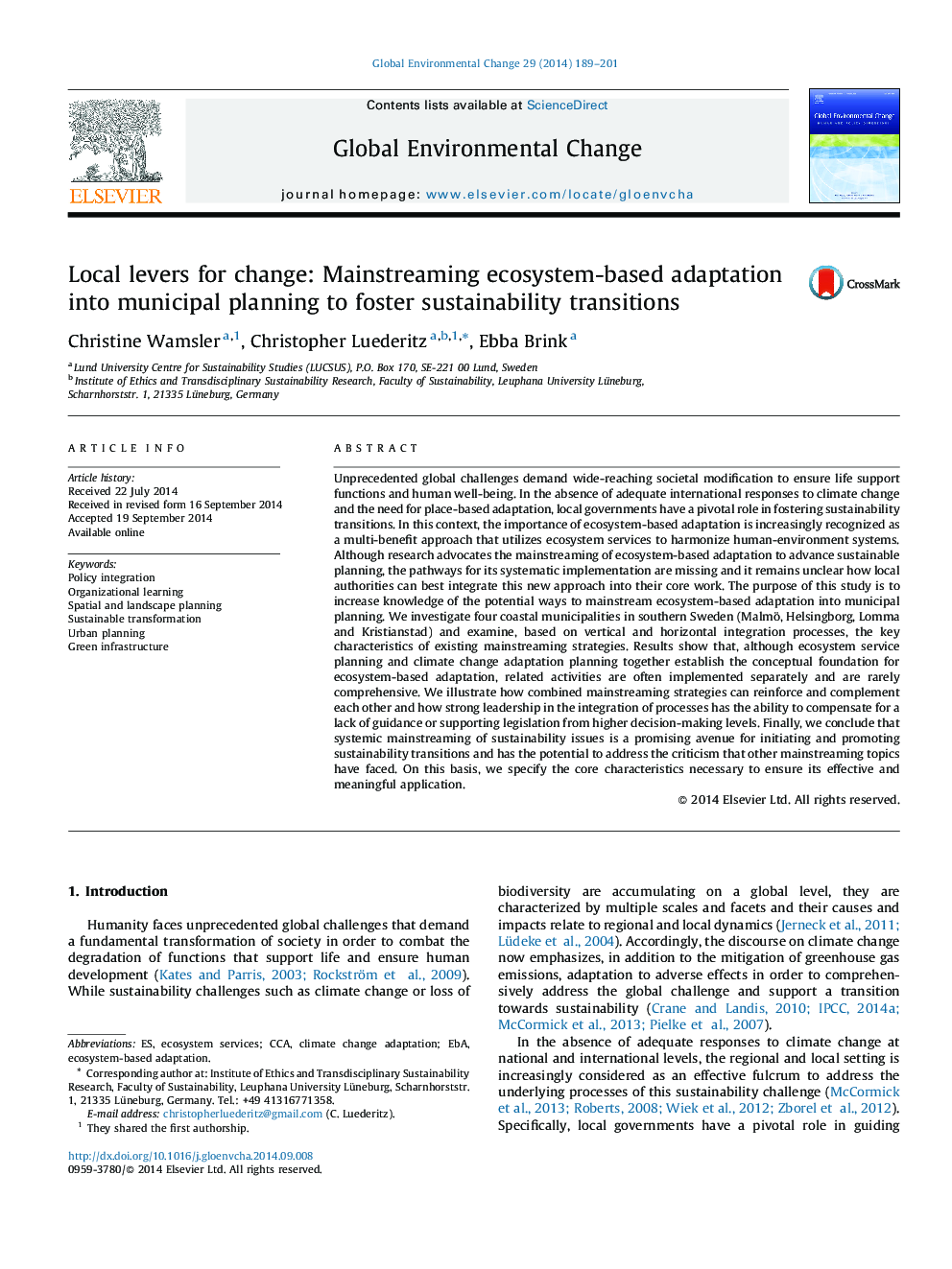 Local levers for change: Mainstreaming ecosystem-based adaptation into municipal planning to foster sustainability transitions