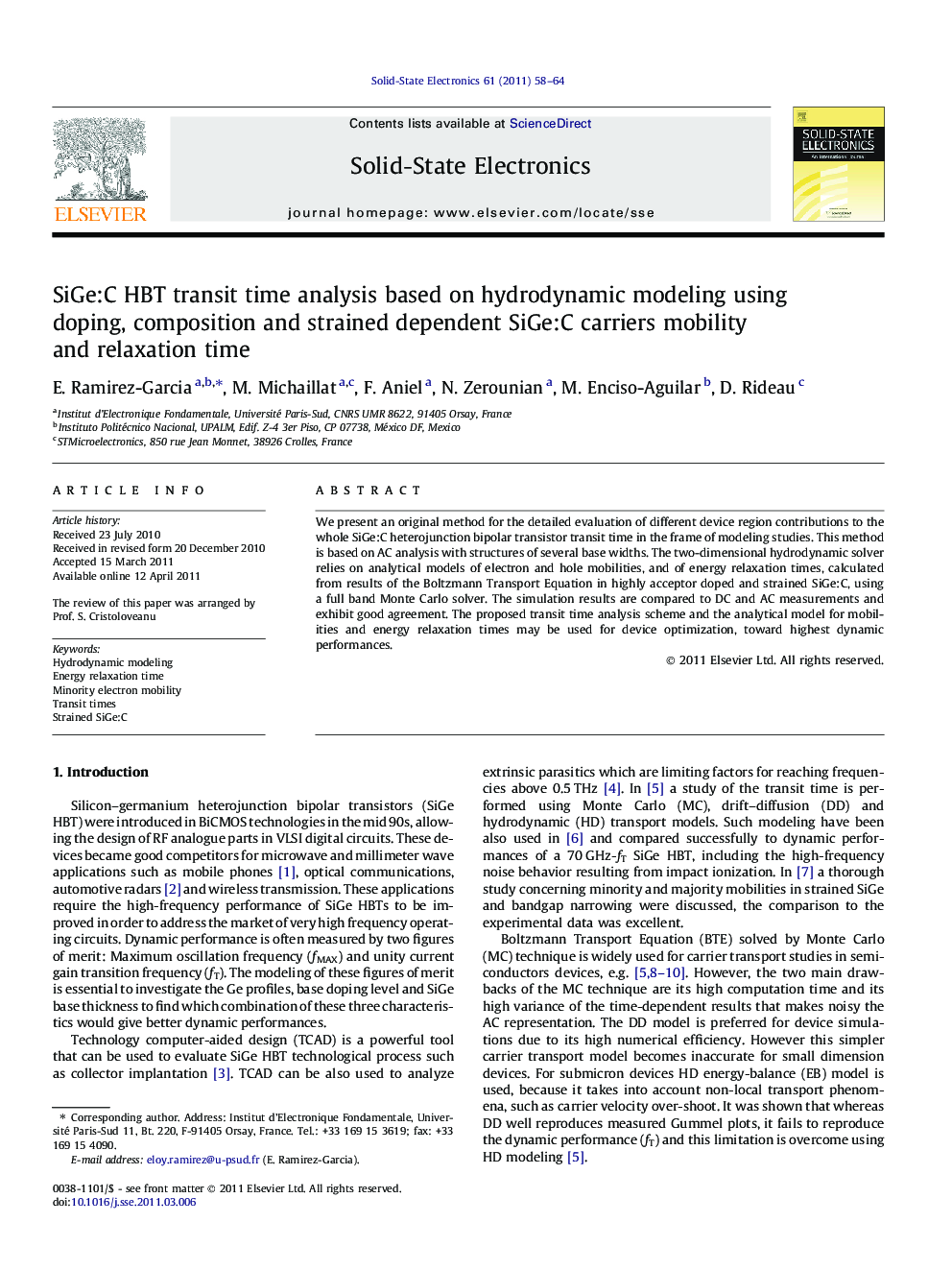 SiGe:C HBT transit time analysis based on hydrodynamic modeling using doping, composition and strained dependent SiGe:C carriers mobility and relaxation time