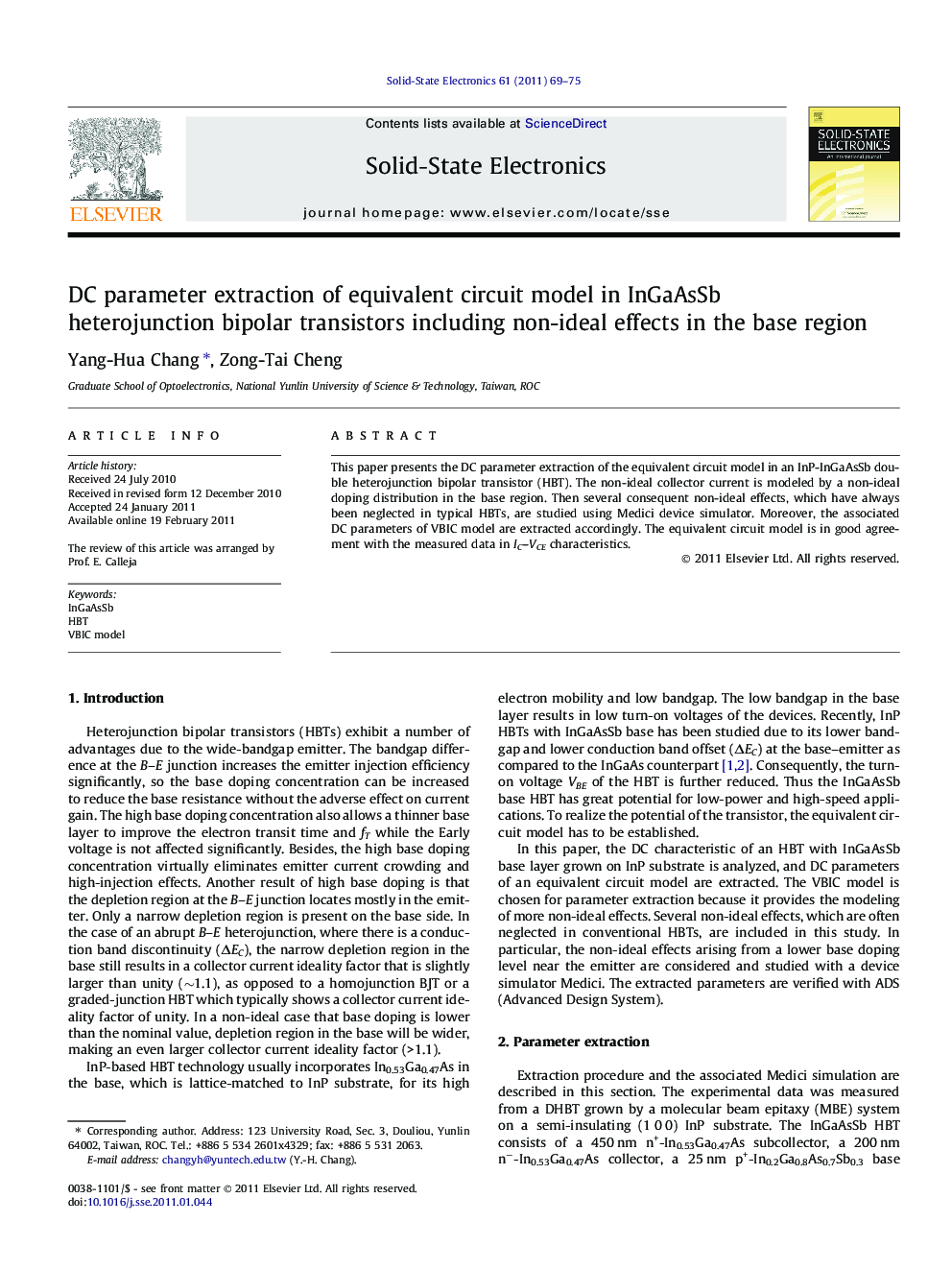 DC parameter extraction of equivalent circuit model in InGaAsSb heterojunction bipolar transistors including non-ideal effects in the base region