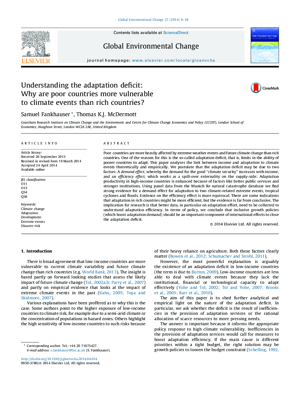 Understanding the adaptation deficit: Why are poor countries more vulnerable to climate events than rich countries?