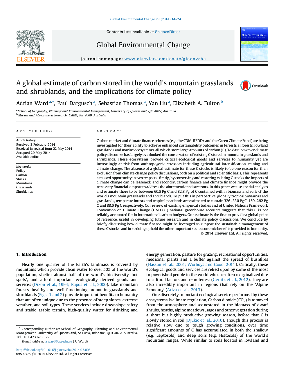 A global estimate of carbon stored in the world's mountain grasslands and shrublands, and the implications for climate policy