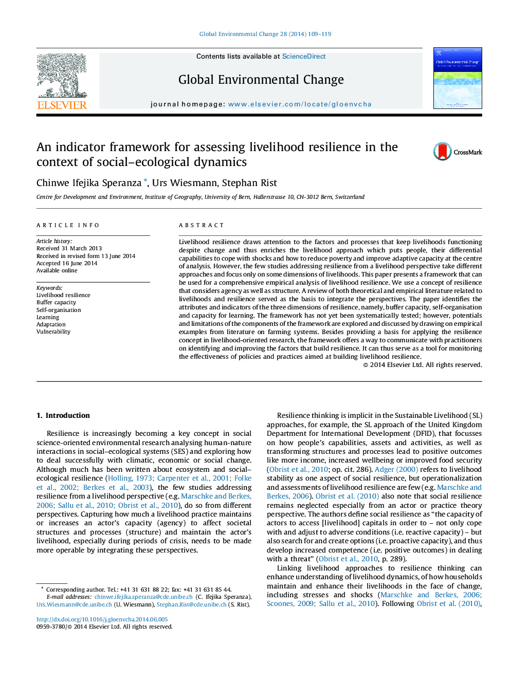 An indicator framework for assessing livelihood resilience in the context of social-ecological dynamics