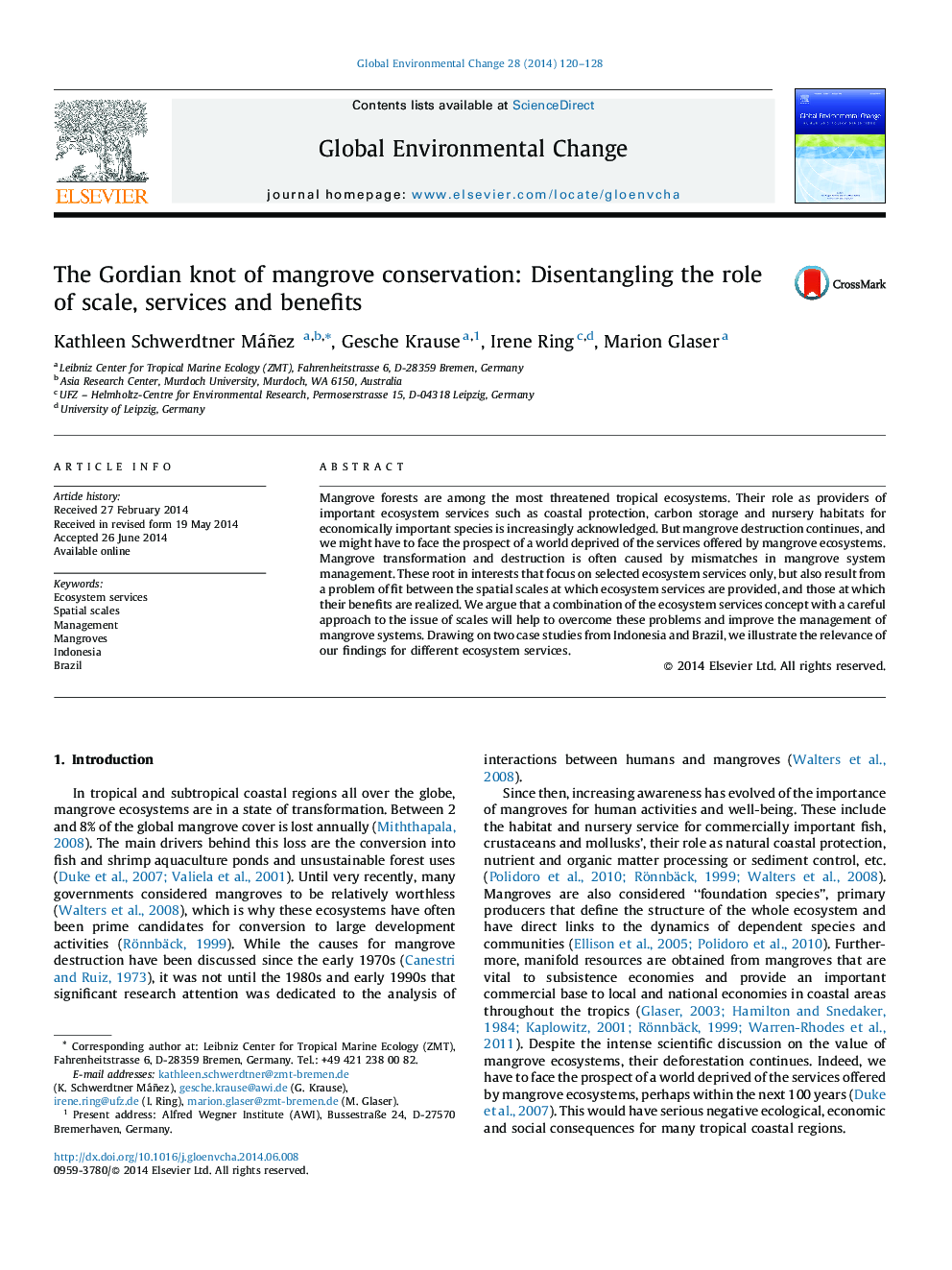 The Gordian knot of mangrove conservation: Disentangling the role of scale, services and benefits