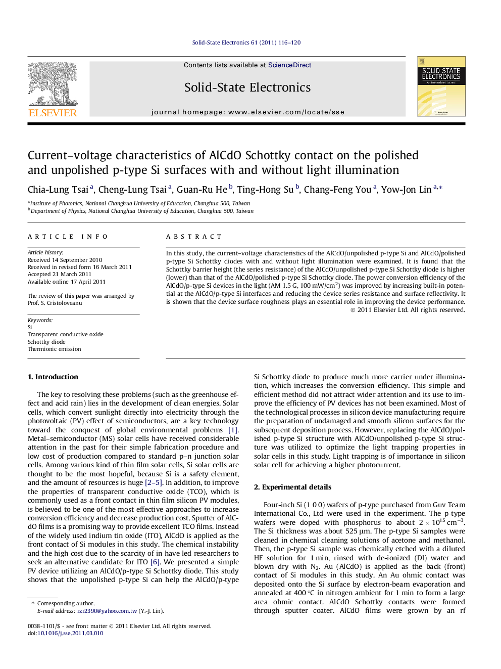 Current-voltage characteristics of AlCdO Schottky contact on the polished and unpolished p-type Si surfaces with and without light illumination