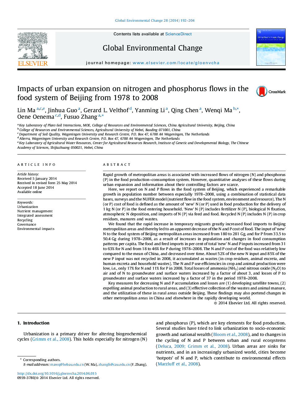 Impacts of urban expansion on nitrogen and phosphorus flows in the food system of Beijing from 1978 to 2008