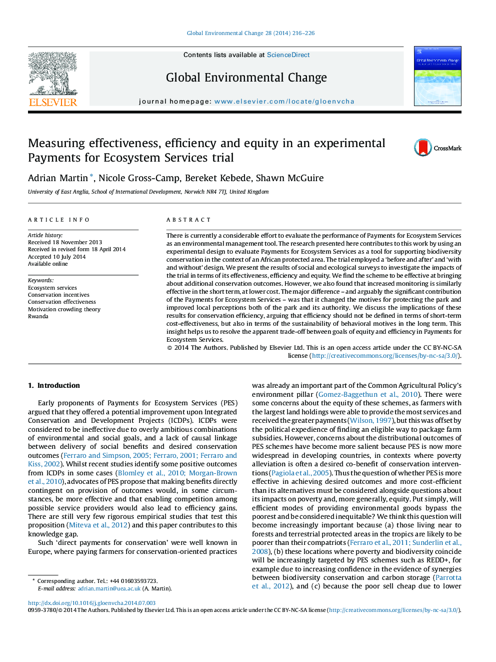 عکس صفحه اول مقاله: Measuring effectiveness, efficiency and equity in an experimental Payments for Ecosystem Services trial Measuring effectiveness, efficiency and equity in an experimental Payments for Ecosystem Services trial