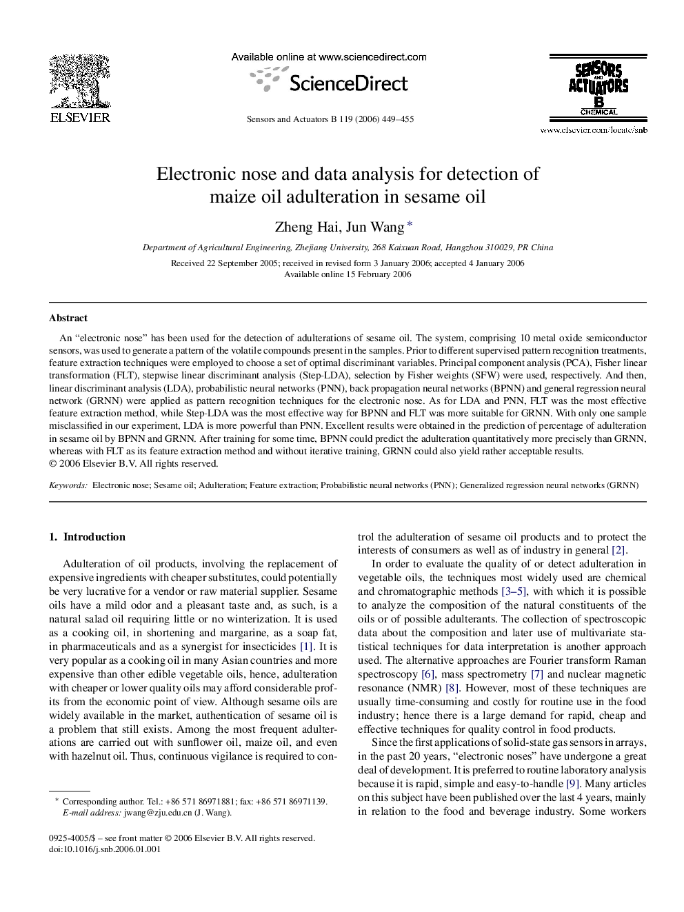 Electronic nose and data analysis for detection of maize oil adulteration in sesame oil