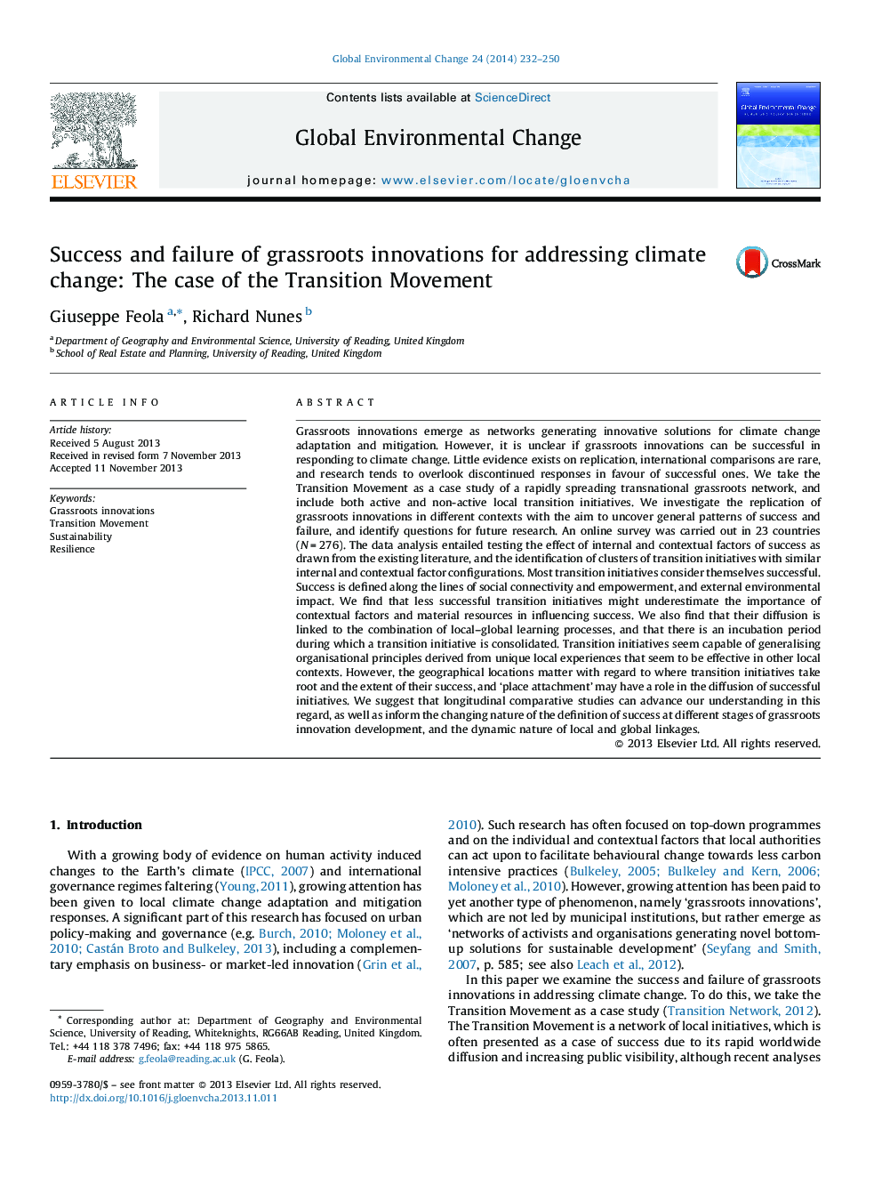 Success and failure of grassroots innovations for addressing climate change: The case of the Transition Movement