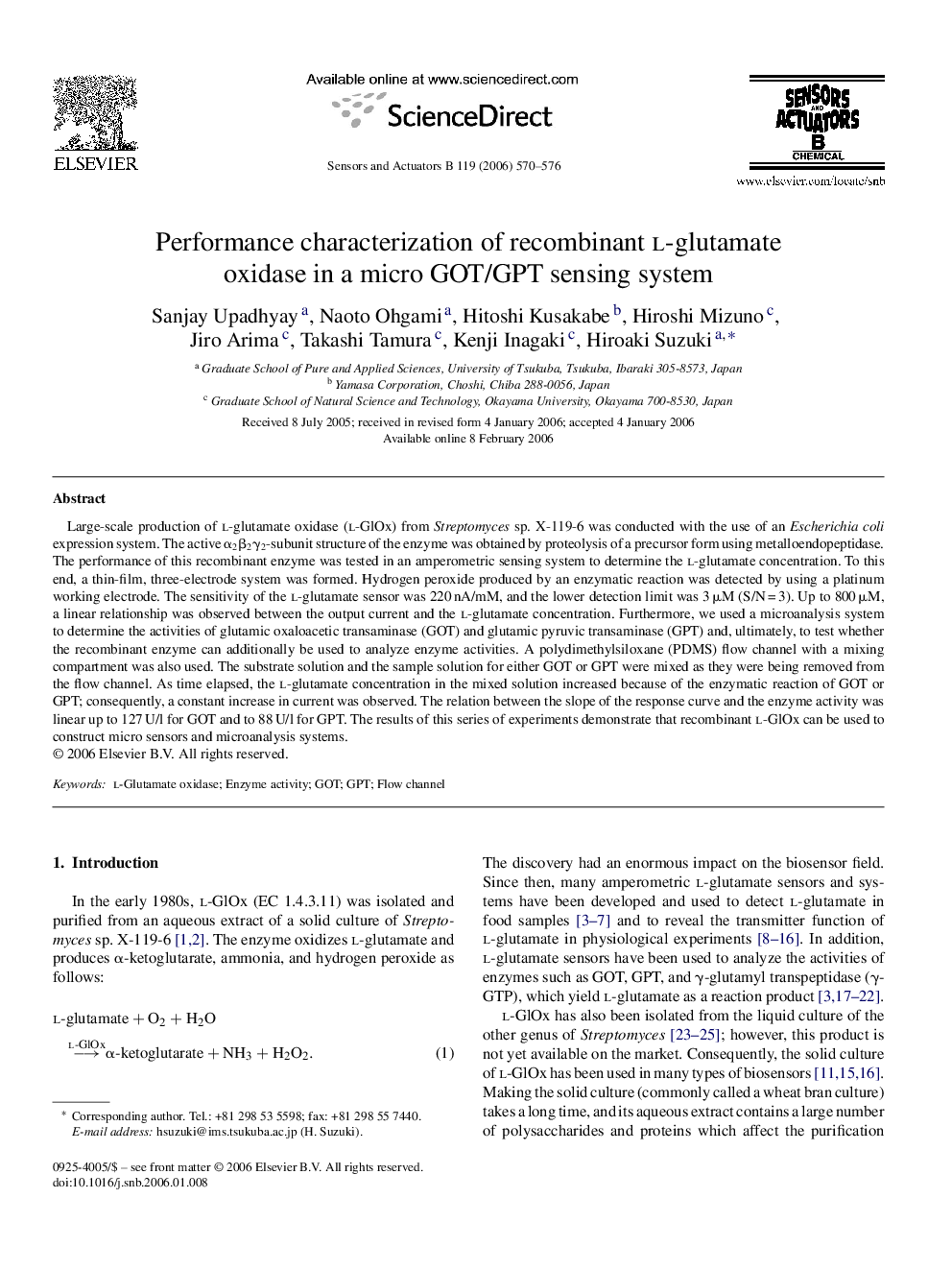 Performance characterization of recombinant l-glutamate oxidase in a micro GOT/GPT sensing system