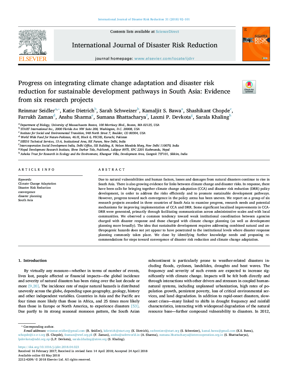 Progress on integrating climate change adaptation and disaster risk reduction for sustainable development pathways in South Asia: Evidence from six research projects