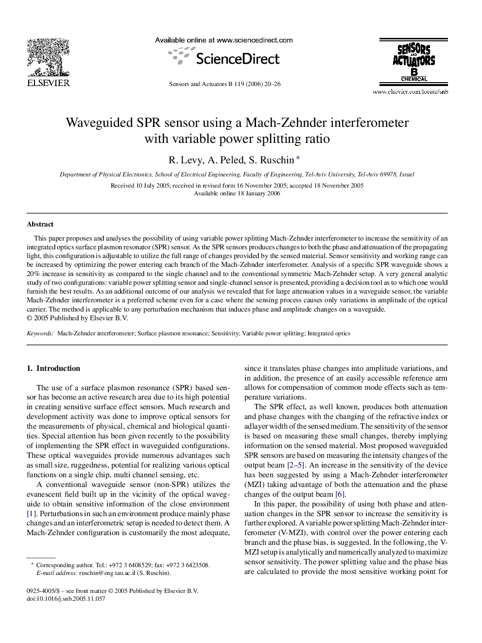 Waveguided SPR sensor using a Mach-Zehnder interferometer with variable power splitting ratio