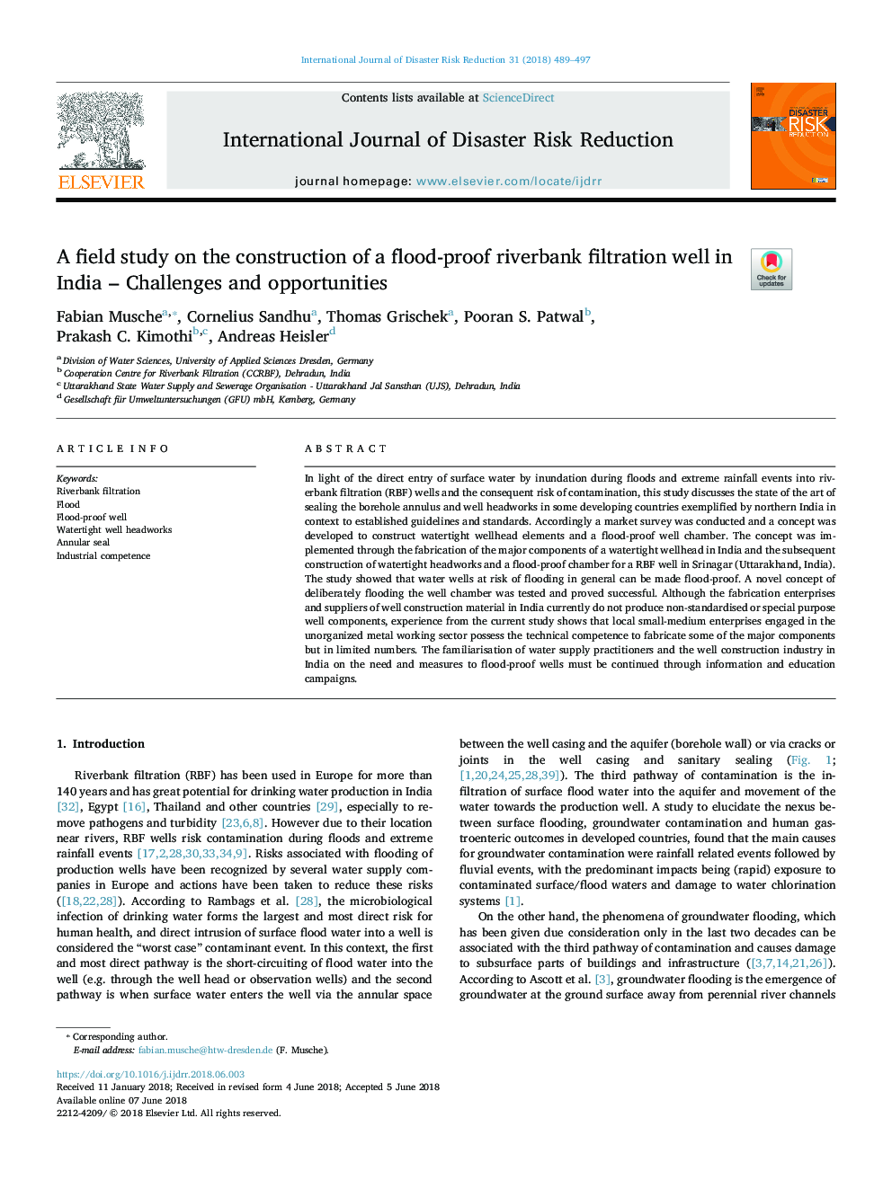 A field study on the construction of a flood-proof riverbank filtration well in India - Challenges and opportunities