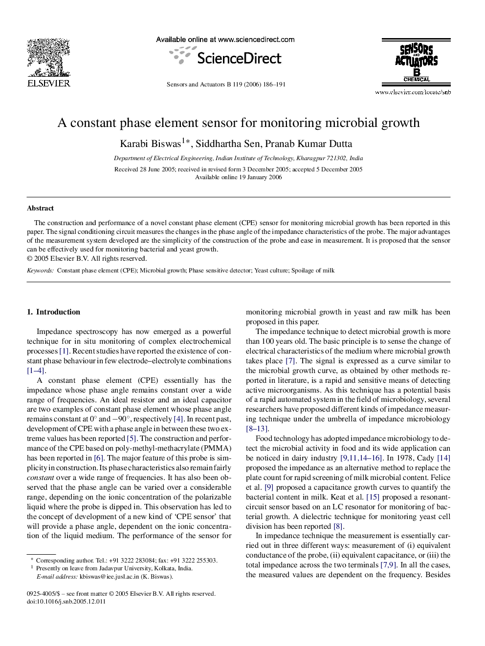 A constant phase element sensor for monitoring microbial growth