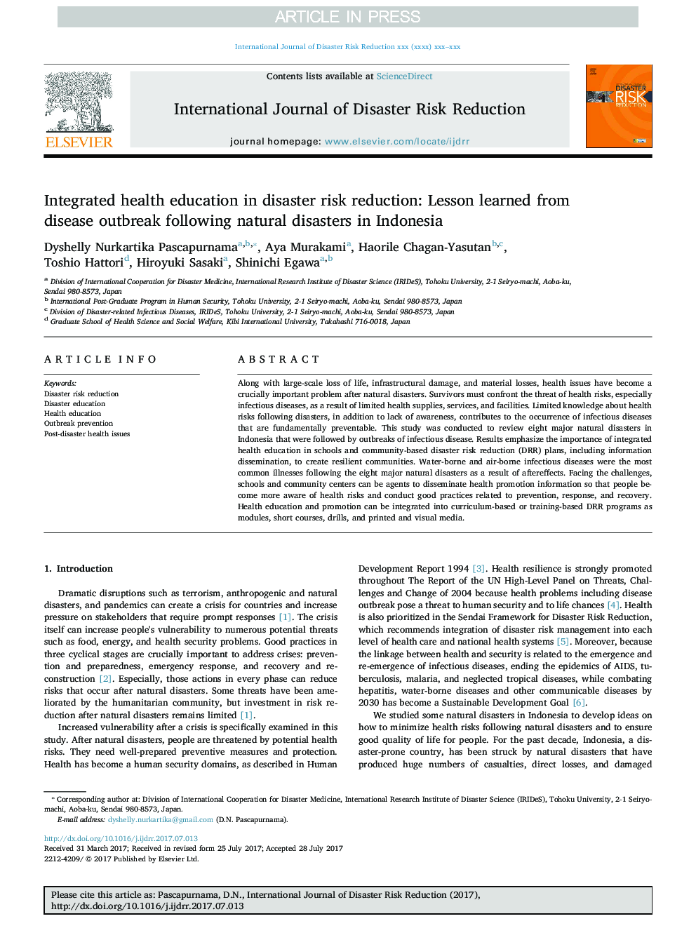Integrated health education in disaster risk reduction: Lesson learned from disease outbreak following natural disasters in Indonesia