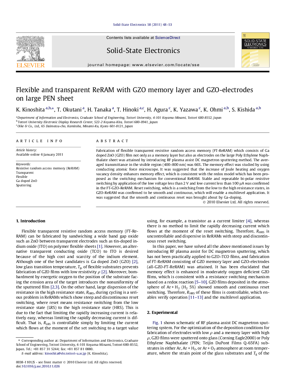 Flexible and transparent ReRAM with GZO memory layer and GZO-electrodes on large PEN sheet