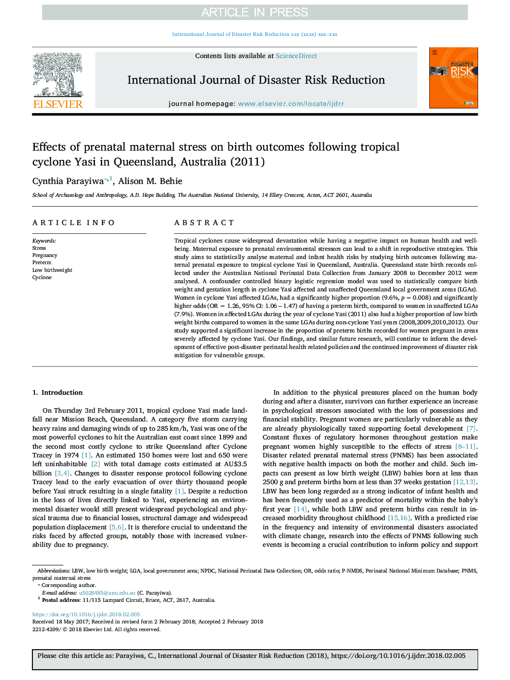 Effects of prenatal maternal stress on birth outcomes following tropical cyclone Yasi in Queensland, Australia (2011)