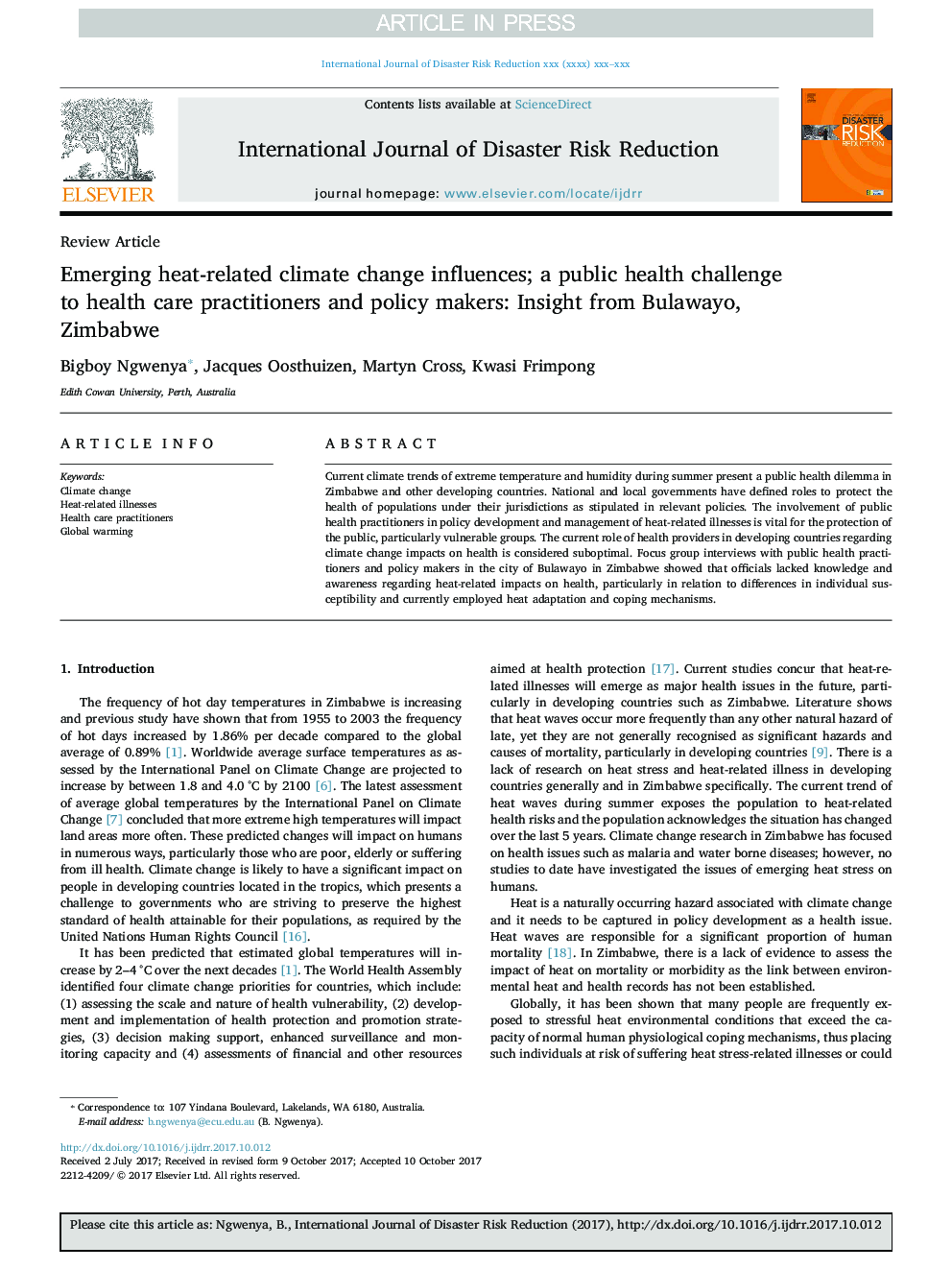 Emerging heat-related climate change influences; a public health challenge to health care practitioners and policy makers: Insight from Bulawayo, Zimbabwe