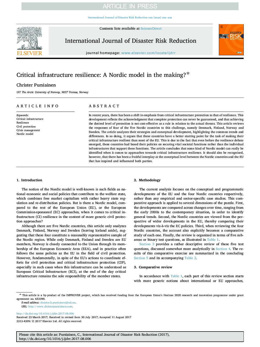 عکس صفحه اول مقاله: Critical infrastructure resilience: A Nordic model in the making? Critical infrastructure resilience: A Nordic model in the making?