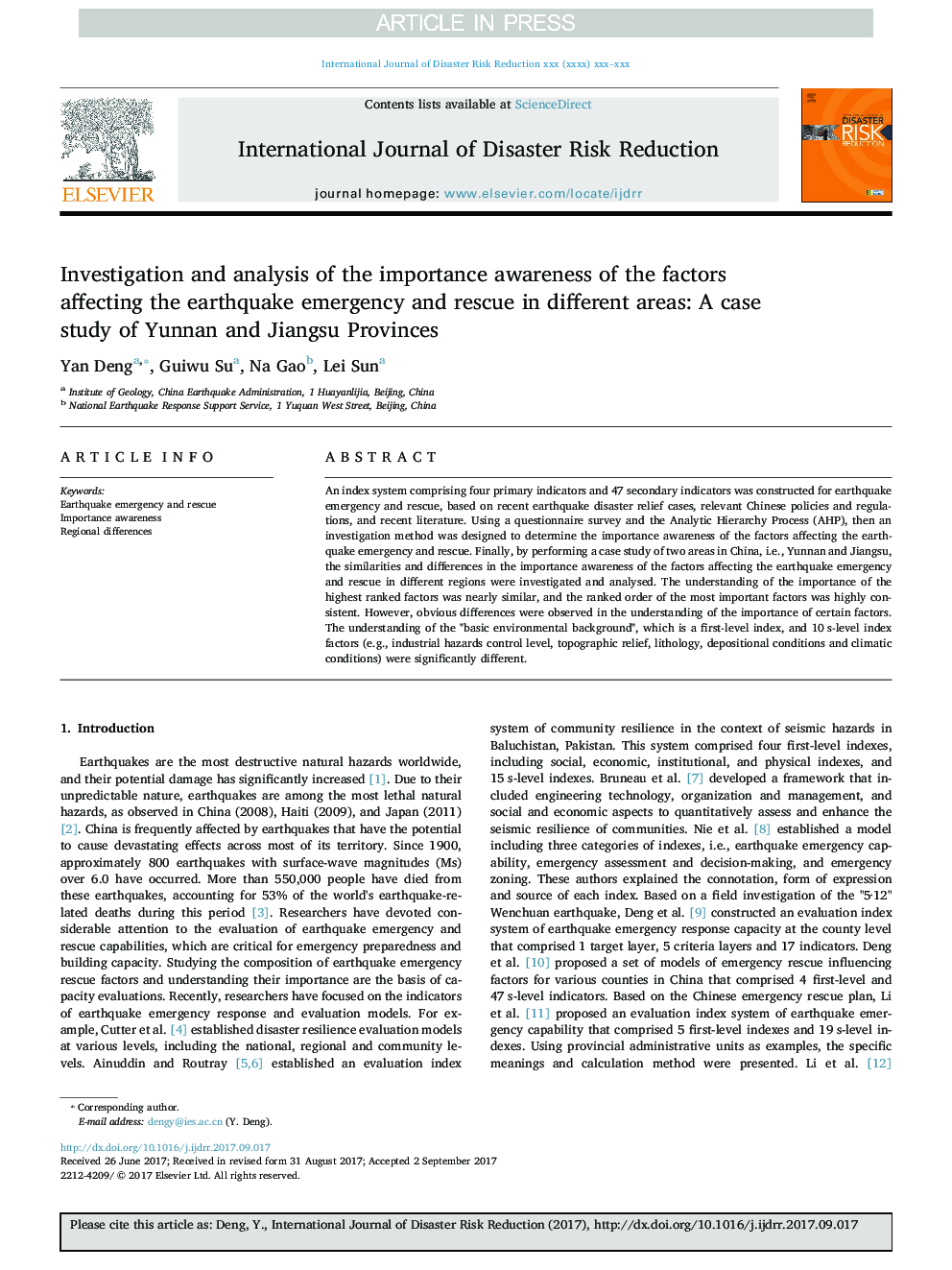 Investigation and analysis of the importance awareness of the factors affecting the earthquake emergency and rescue in different areas: A case study of Yunnan and Jiangsu Provinces