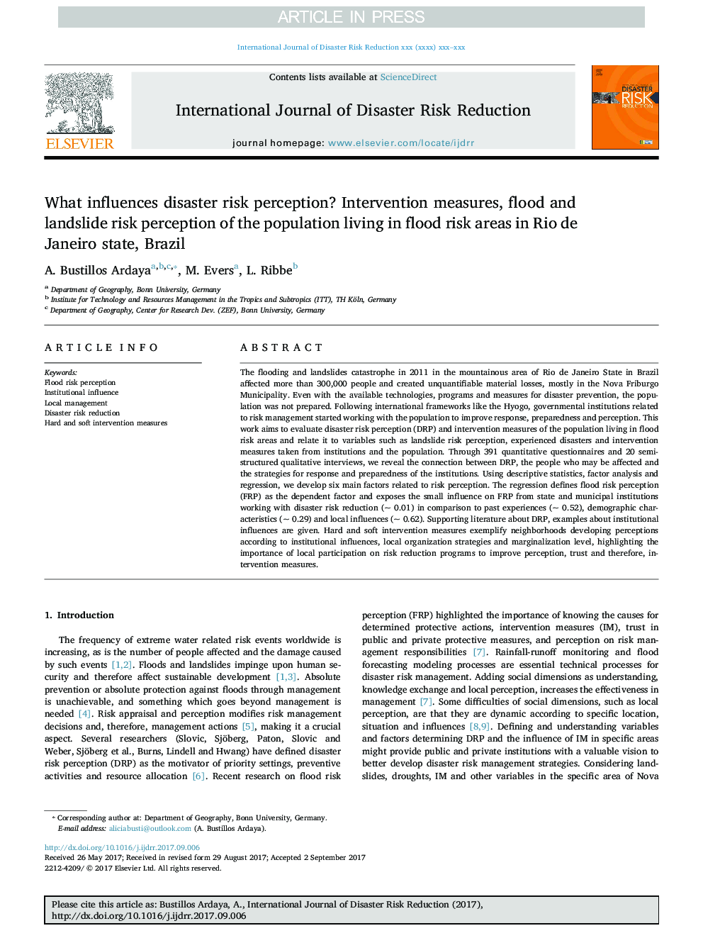 What influences disaster risk perception? Intervention measures, flood and landslide risk perception of the population living in flood risk areas in Rio de Janeiro state, Brazil