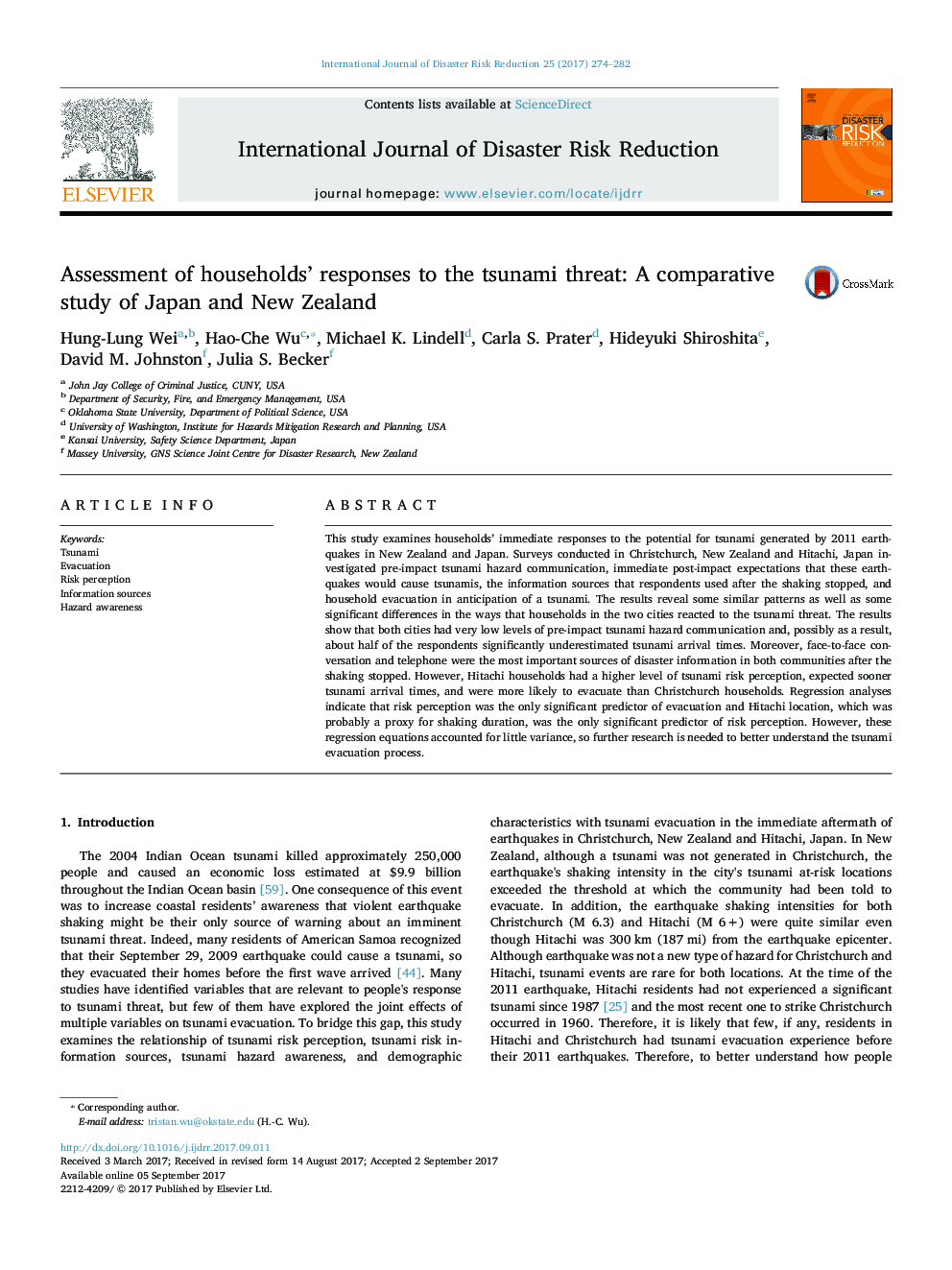 Assessment of households' responses to the tsunami threat: A comparative study of Japan and New Zealand