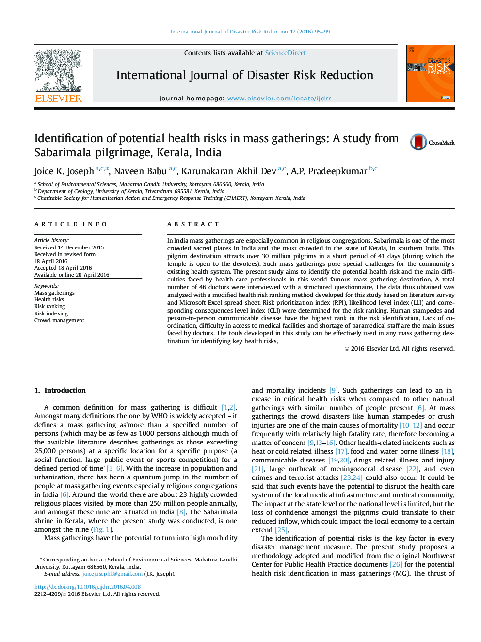 Identification of potential health risks in mass gatherings: A study from Sabarimala pilgrimage, Kerala, India