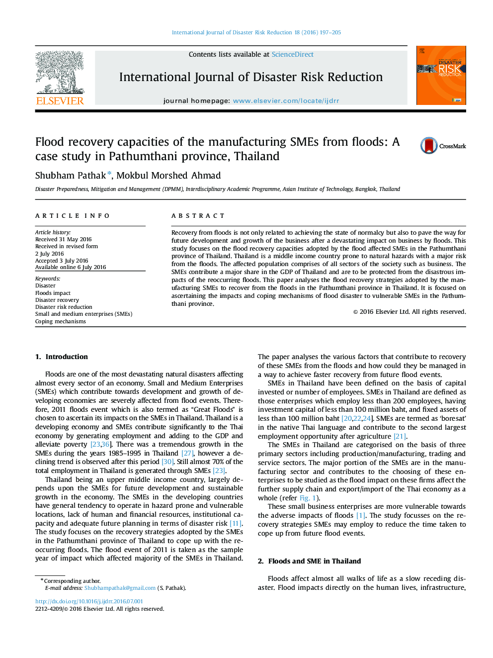 عکس صفحه اول مقاله: Flood recovery capacities of the manufacturing SMEs from floods: A case study in Pathumthani province, Thailand Flood recovery capacities of the manufacturing SMEs from floods: A case study in Pathumthani province, Thailand