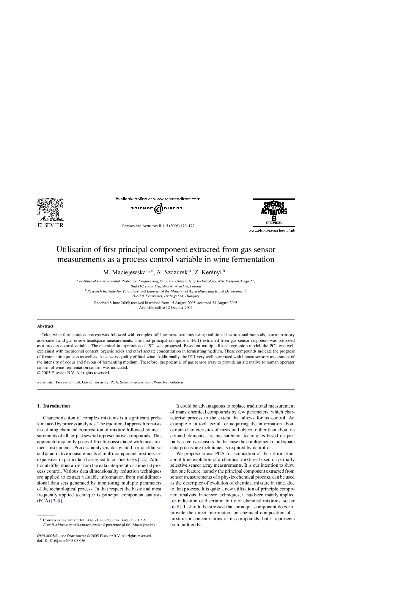 Utilisation of first principal component extracted from gas sensor measurements as a process control variable in wine fermentation