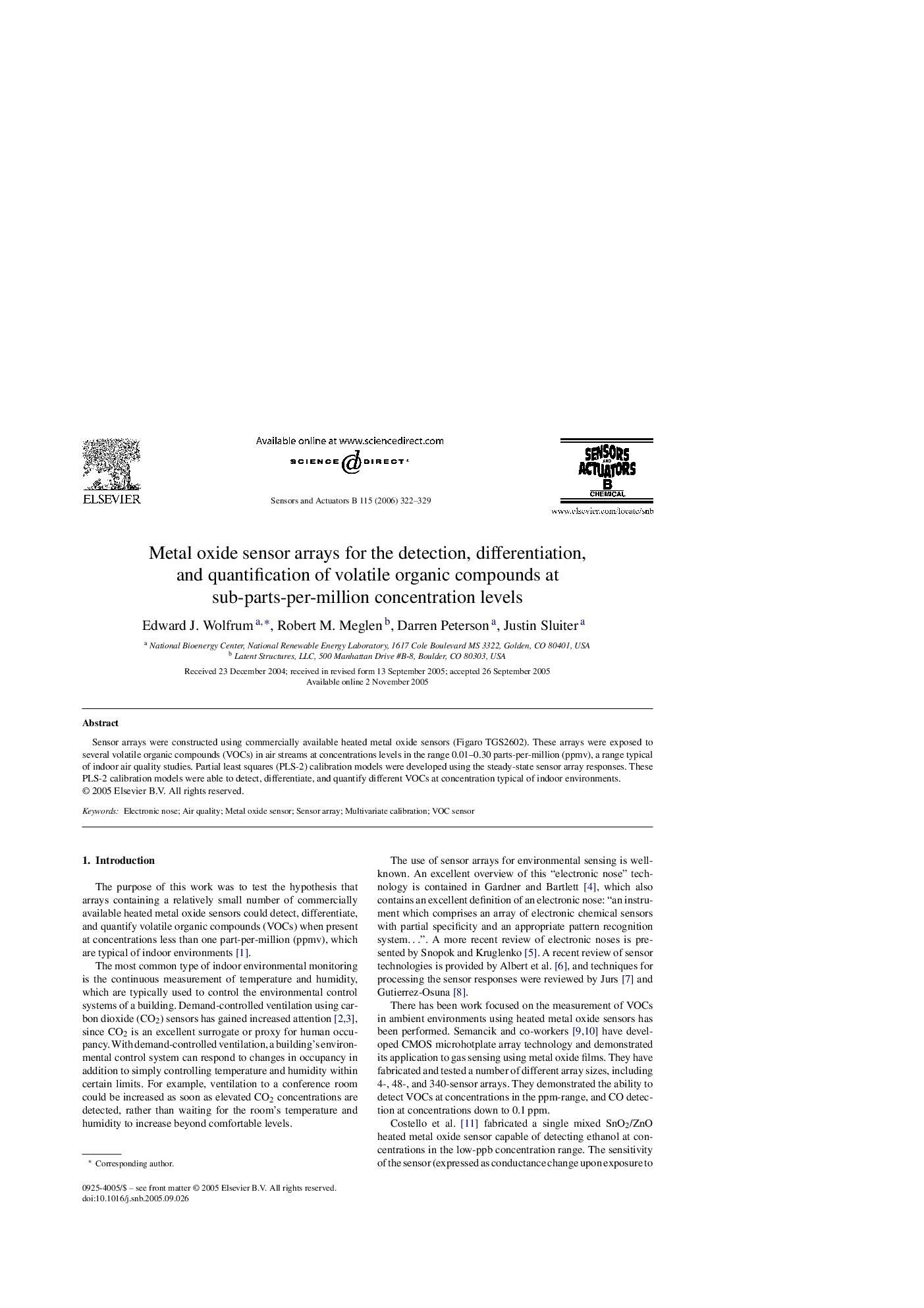 Metal oxide sensor arrays for the detection, differentiation, and quantification of volatile organic compounds at sub-parts-per-million concentration levels