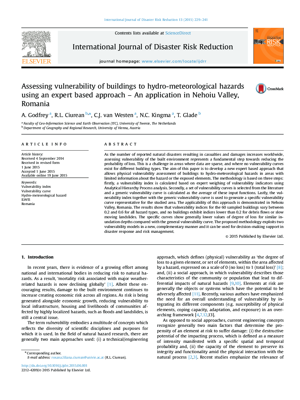 عکس صفحه اول مقاله: Assessing vulnerability of buildings to hydro-meteorological hazards using an expert based approach - An application in Nehoiu Valley, Romania Assessing vulnerability of buildings to hydro-meteorological hazards using an expert based approach - An application in Nehoiu Valley, Romania