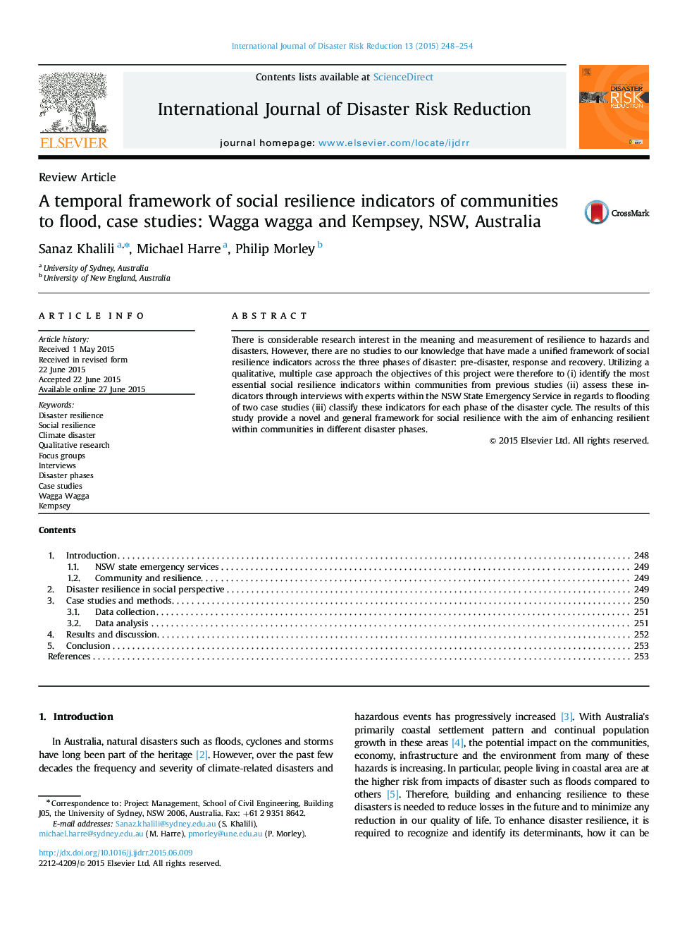 A temporal framework of social resilience indicators of communities to flood, case studies: Wagga wagga and Kempsey, NSW, Australia