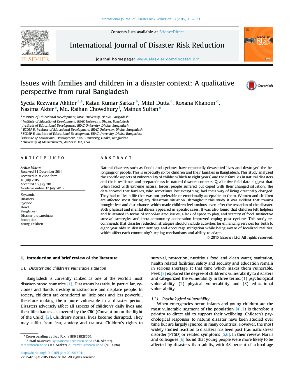 Issues with families and children in a disaster context: A qualitative perspective from rural Bangladesh