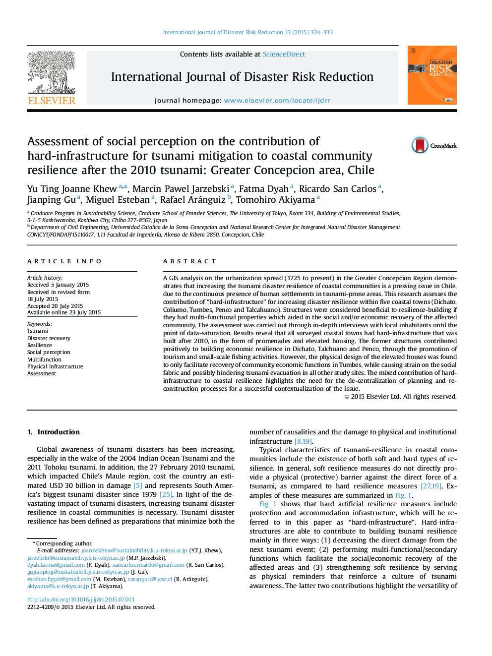 ارزیابی ادراک اجتماعی درباره سهم زیرساختی سخت برای کاهش سونامی به انعطاف پذیری جامعه ساحلی پس از سونامی سال 2010: منطقه بزرگ کانپسیک، شیلی 