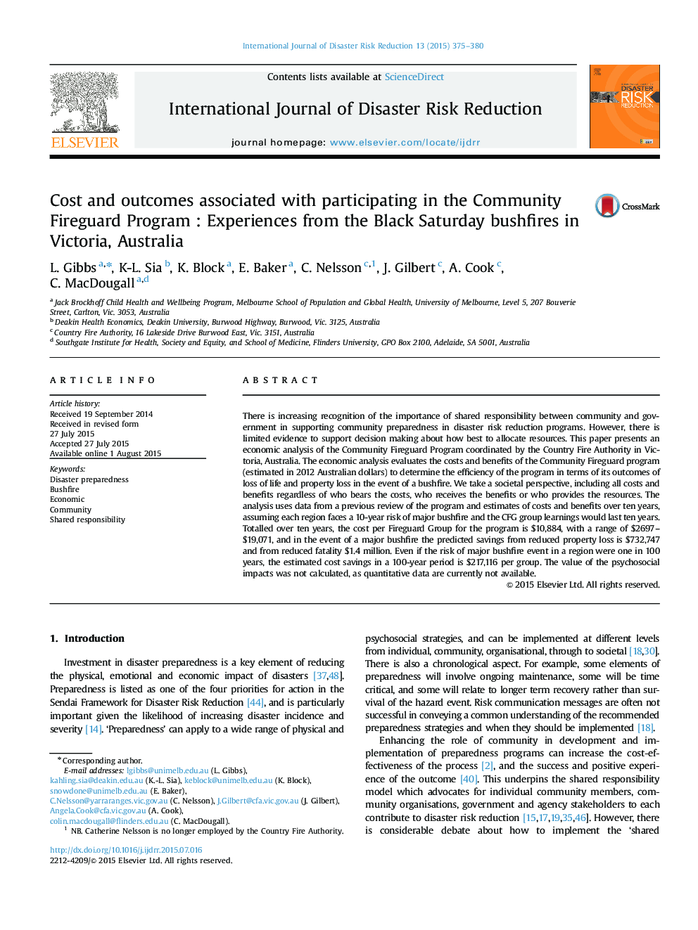 Cost and outcomes associated with participating in the Community Fireguard Program : Experiences from the Black Saturday bushfires in Victoria, Australia