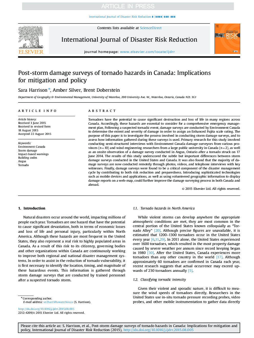 Post-storm damage surveys of tornado hazards in Canada: Implications for mitigation and policy