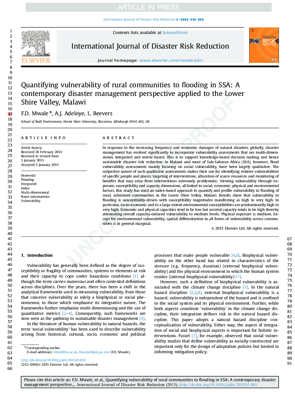 Quantifying vulnerability of rural communities to flooding in SSA: A contemporary disaster management perspective applied to the Lower Shire Valley, Malawi