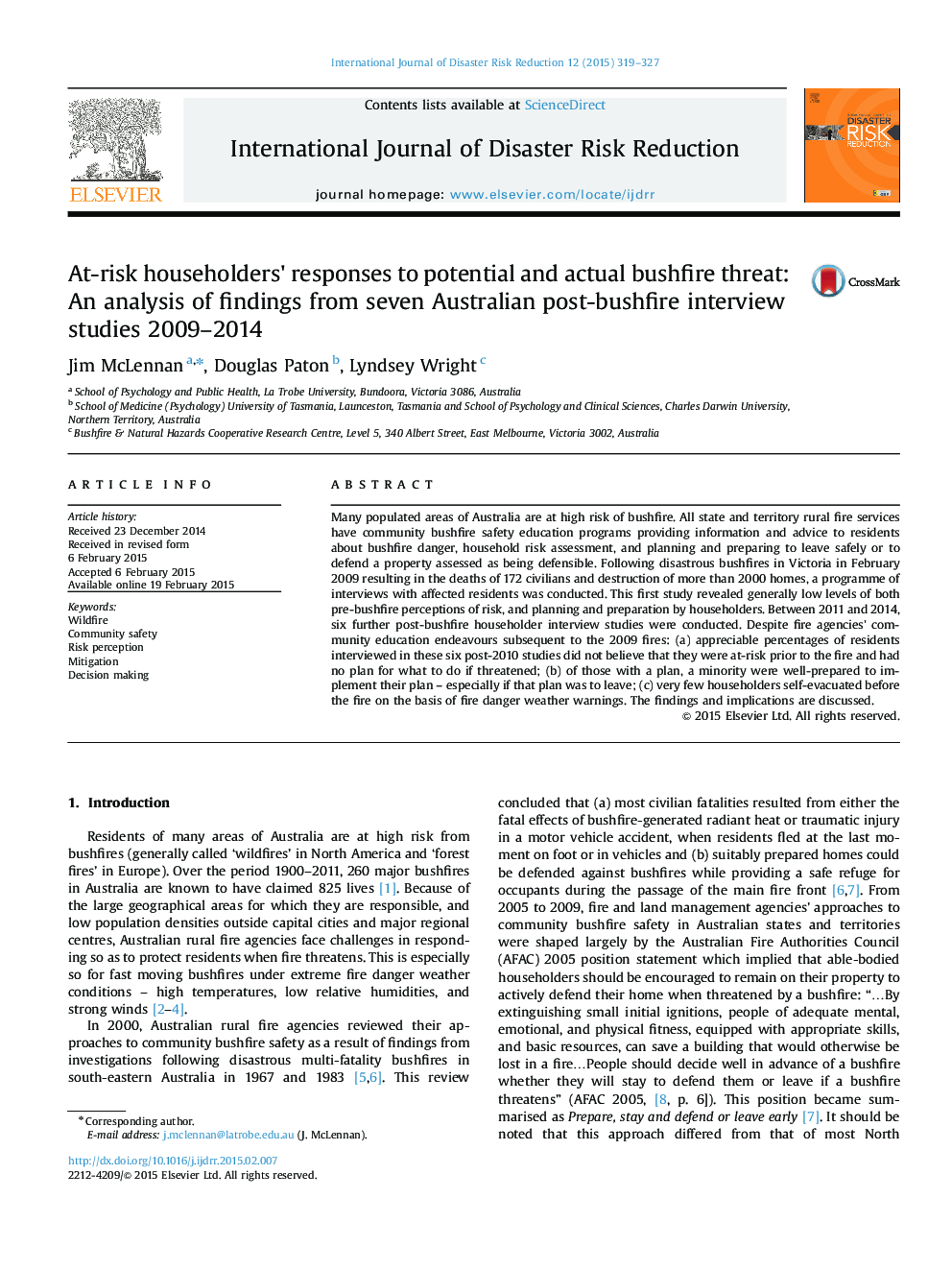 At-risk householders' responses to potential and actual bushfire threat: An analysis of findings from seven Australian post-bushfire interview studies 2009-2014