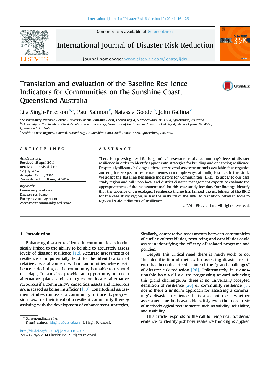 Translation and evaluation of the Baseline Resilience Indicators for Communities on the Sunshine Coast, Queensland Australia