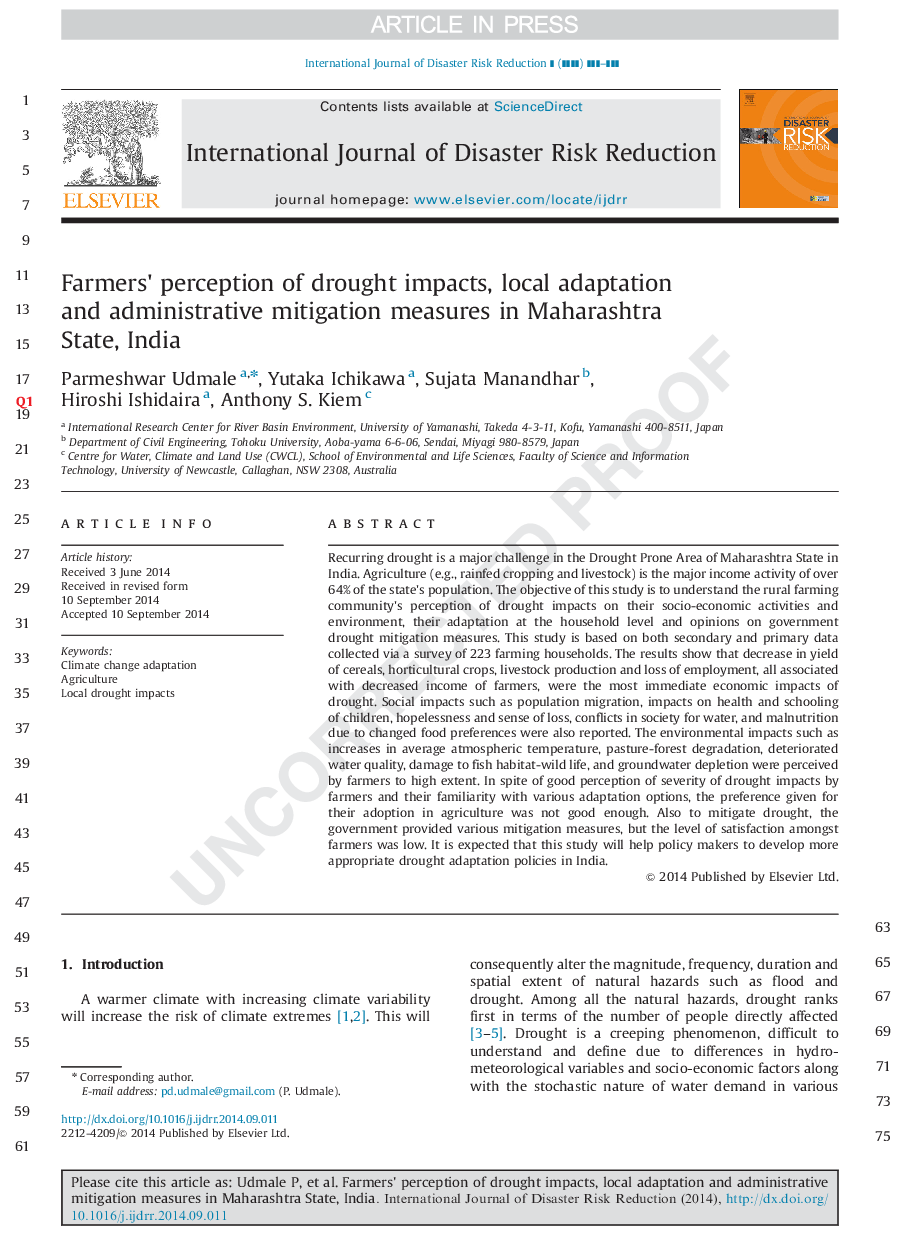 Farmers×³ perception of drought impacts, local adaptation and administrative mitigation measures in Maharashtra State, India