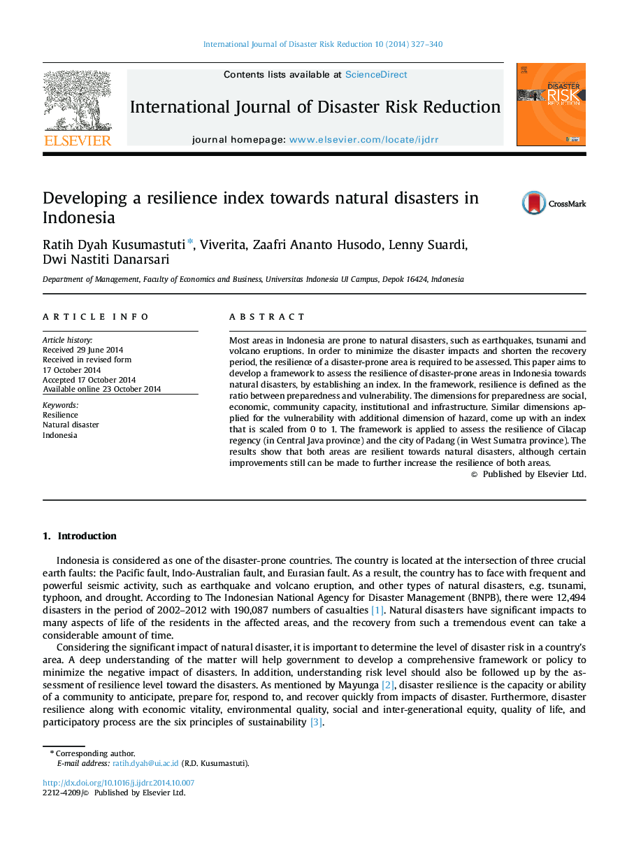 Developing a resilience index towards natural disasters in Indonesia