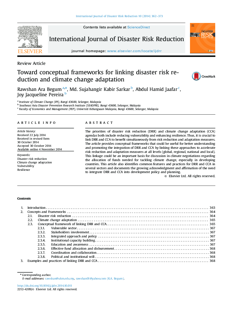 Toward conceptual frameworks for linking disaster risk reduction and climate change adaptation