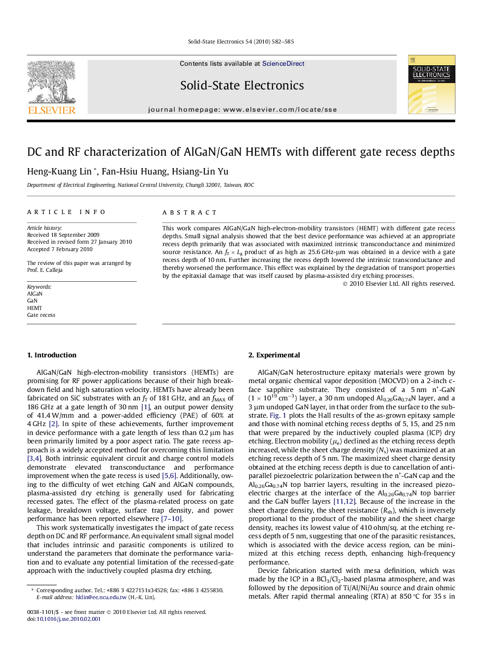 DC and RF characterization of AlGaN/GaN HEMTs with different gate recess depths