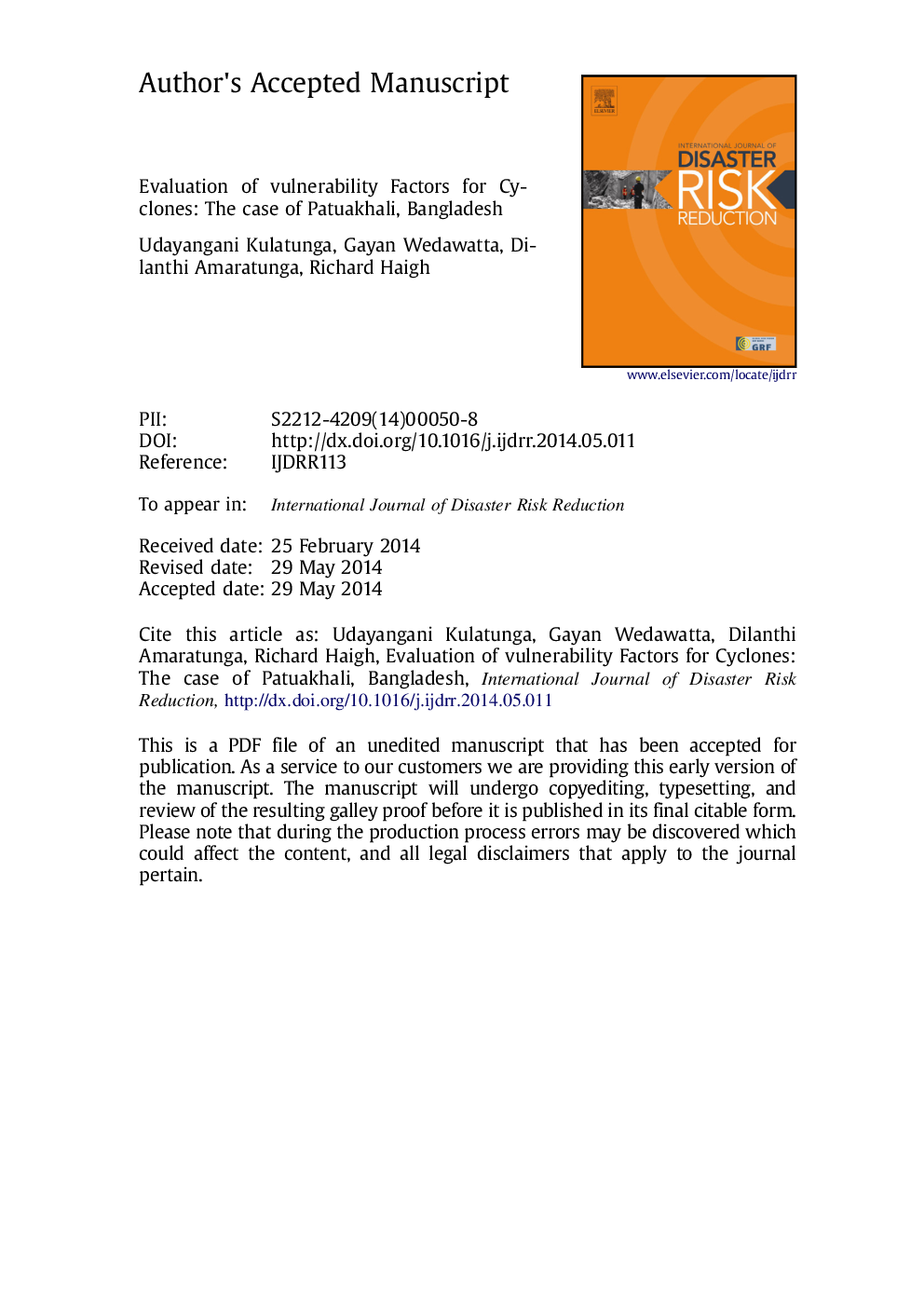 Evaluation of vulnerability factors for cyclones: The case of Patuakhali, Bangladesh