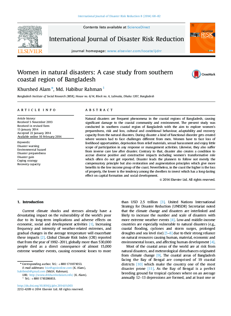 Women in natural disasters: A case study from southern coastal region of Bangladesh